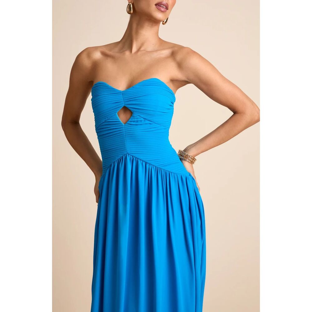 Lulus Rozala Bright Blue Pleated Strapless Maxi Dress Size XS - Picture 5 of 12